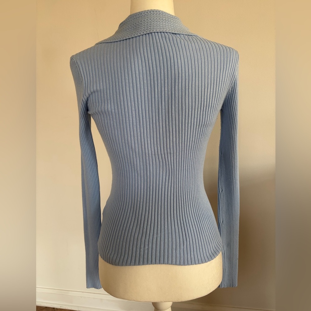 Marled Ribbed Knit Crocheted Collared Sweater Top XS Blue - Picture 2 of 4